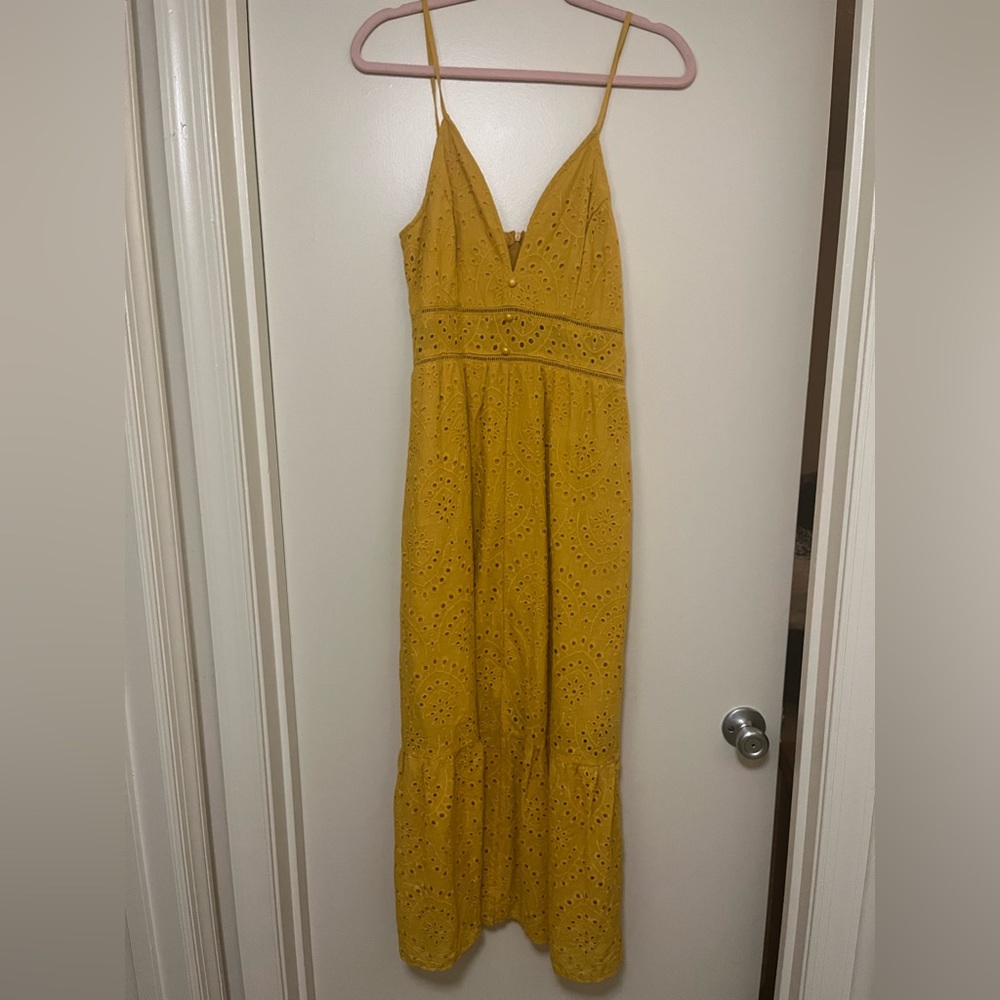 Yellow Eyelet Embroidery V-Neck Dress